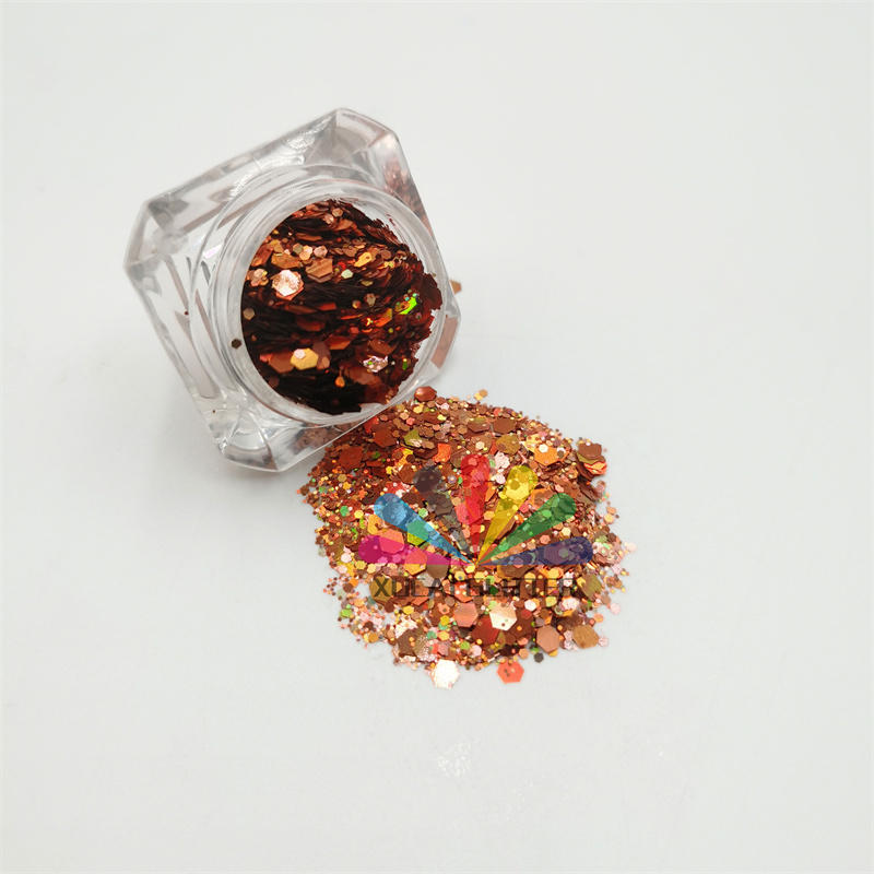 xucai factory wholesale holographic rose gold chunky glitter christmas shape mix glitter makeup chunky glitter bulk